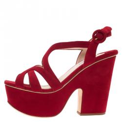 Prada Red Cutout Suede Block Heel Platform Slingback Sandals Size 39