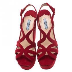 Prada Red Cutout Suede Block Heel Platform Slingback Sandals Size 39