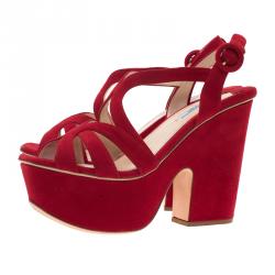 Prada Red Cutout Suede Block Heel Platform Slingback Sandals Size 39