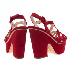 Prada Red Cutout Suede Block Heel Platform Slingback Sandals Size 39
