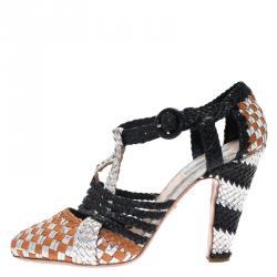 Pre Owned Prada Multicolor Woven Leather Strappy Pumps Size 39