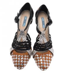 Pre Owned Prada Multicolor Woven Leather Strappy Pumps Size 39