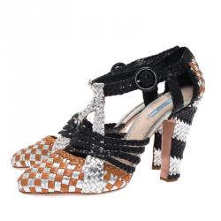 Pre Owned Prada Multicolor Woven Leather Strappy Pumps Size 39