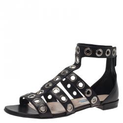 Prada Black Leather Grommet Embellished Gladiator Sandals Size 36.5