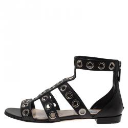 Prada Black Leather Grommet Embellished Gladiator Sandals Size 36.5