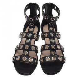 Prada Black Leather Grommet Embellished Gladiator Sandals Size 36.5