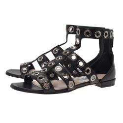 Prada Black Leather Grommet Embellished Gladiator Sandals Size 36.5