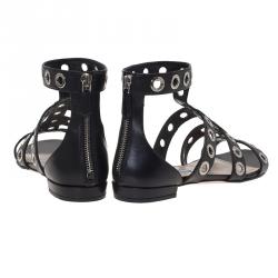 Prada Black Leather Grommet Embellished Gladiator Sandals Size 36.5