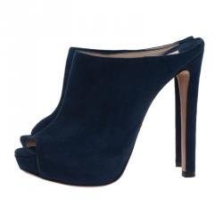 Prada Blue Suede Peep Toe Mules Size 37