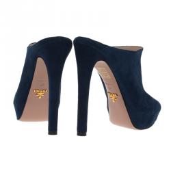 Prada Blue Suede Peep Toe Mules Size 37