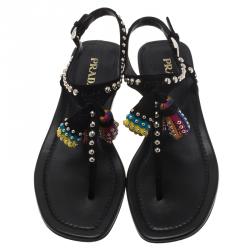 Pre Owned Prada Black Studded Suede Tassel Thong Sandals Size 37.5