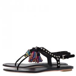 Pre Owned Prada Black Studded Suede Tassel Thong Sandals Size 37.5