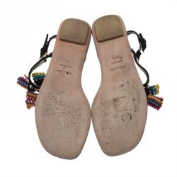 Pre Owned Prada Black Studded Suede Tassel Thong Sandals Size 37.5