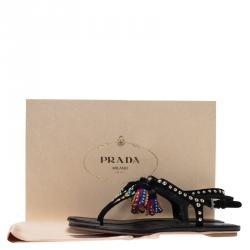 Pre Owned Prada Black Studded Suede Tassel Thong Sandals Size 37.5