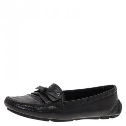Pre Owned Prada Black Crackled Leather Bow Loafers Size 37