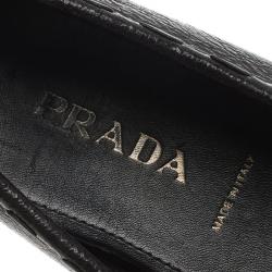 Pre Owned Prada Black Crackled Leather Bow Loafers Size 37
