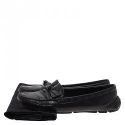 Pre Owned Prada Black Crackled Leather Bow Loafers Size 37