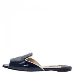 Pre Owned Prada Blue Patent Saffiano Leather Flat Slides Size 37