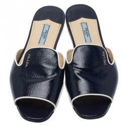 Pre Owned Prada Blue Patent Saffiano Leather Flat Slides Size 37