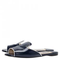 Pre Owned Prada Blue Patent Saffiano Leather Flat Slides Size 37
