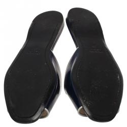 Pre Owned Prada Blue Patent Saffiano Leather Flat Slides Size 37