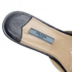 Pre Owned Prada Blue Patent Saffiano Leather Flat Slides Size 37