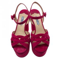 Prada Pink Suede Block Heel Platform Sandals Size 37.5