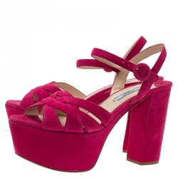 Prada Pink Suede Block Heel Platform Sandals Size 37.5