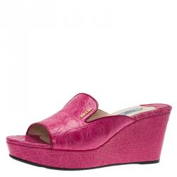 Pre Owned Prada Pink Croc Embossed Leather Wedge Mules Size 39.5