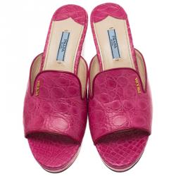 Pre Owned Prada Pink Croc Embossed Leather Wedge Mules Size 39.5