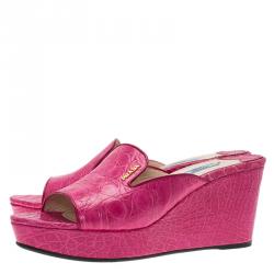 Pre Owned Prada Pink Croc Embossed Leather Wedge Mules Size 39.5