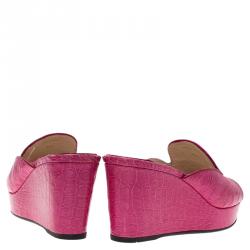 Pre Owned Prada Pink Croc Embossed Leather Wedge Mules Size 39.5