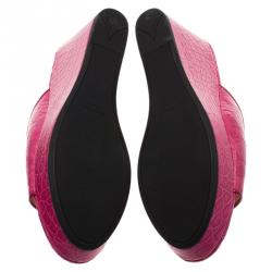 Pre Owned Prada Pink Croc Embossed Leather Wedge Mules Size 39.5