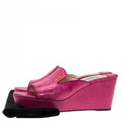 Pre Owned Prada Pink Croc Embossed Leather Wedge Mules Size 39.5
