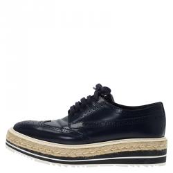 Pre Owned Prada Blue Brogue Leather Wingtip Platform Espadrille Oxfords Size 39