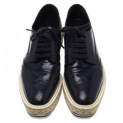 Pre Owned Prada Blue Brogue Leather Wingtip Platform Espadrille Oxfords Size 39