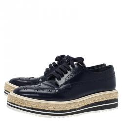Pre Owned Prada Blue Brogue Leather Wingtip Platform Espadrille Oxfords Size 39