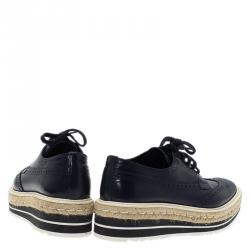 Pre Owned Prada Blue Brogue Leather Wingtip Platform Espadrille Oxfords Size 39