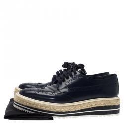 Pre Owned Prada Blue Brogue Leather Wingtip Platform Espadrille Oxfords Size 39