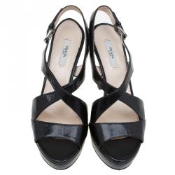 Pre Owned Prada Black Leather Cross Strap Platform Sandals Size 36