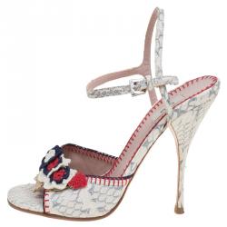 Pre Owned Prada White Python and Crochet Floral Embellished Sandals Size 36