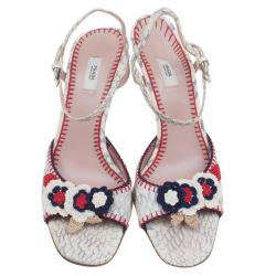 Pre Owned Prada White Python and Crochet Floral Embellished Sandals Size 36