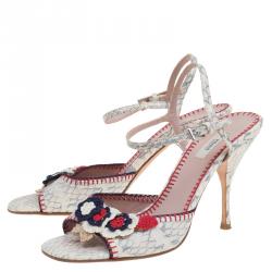 Pre Owned Prada White Python and Crochet Floral Embellished Sandals Size 36