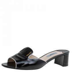 Pre Owned Prada Black Patent Saffiano Leather Block Heel Slides Size 40