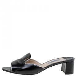 Pre Owned Prada Black Patent Saffiano Leather Block Heel Slides Size 40