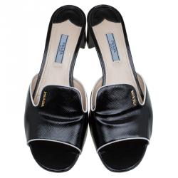 Pre Owned Prada Black Patent Saffiano Leather Block Heel Slides Size 40