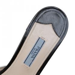 Pre Owned Prada Black Patent Saffiano Leather Block Heel Slides Size 40