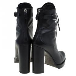 Pre Owned Prada Black Leather Block Heel Combat Boots Size 39