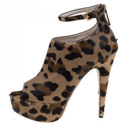 Pre Owned Prada Brown Leopard Print Calf Hair Peep Toe Ankle Strap Platform Boots Size 39