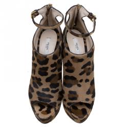 Pre Owned Prada Brown Leopard Print Calf Hair Peep Toe Ankle Strap Platform Boots Size 39